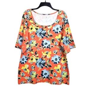 Time‎ and Tru Top XXL 2XL 20 Orange Multi Tunic Short Elbow Sleeve Floral Casual